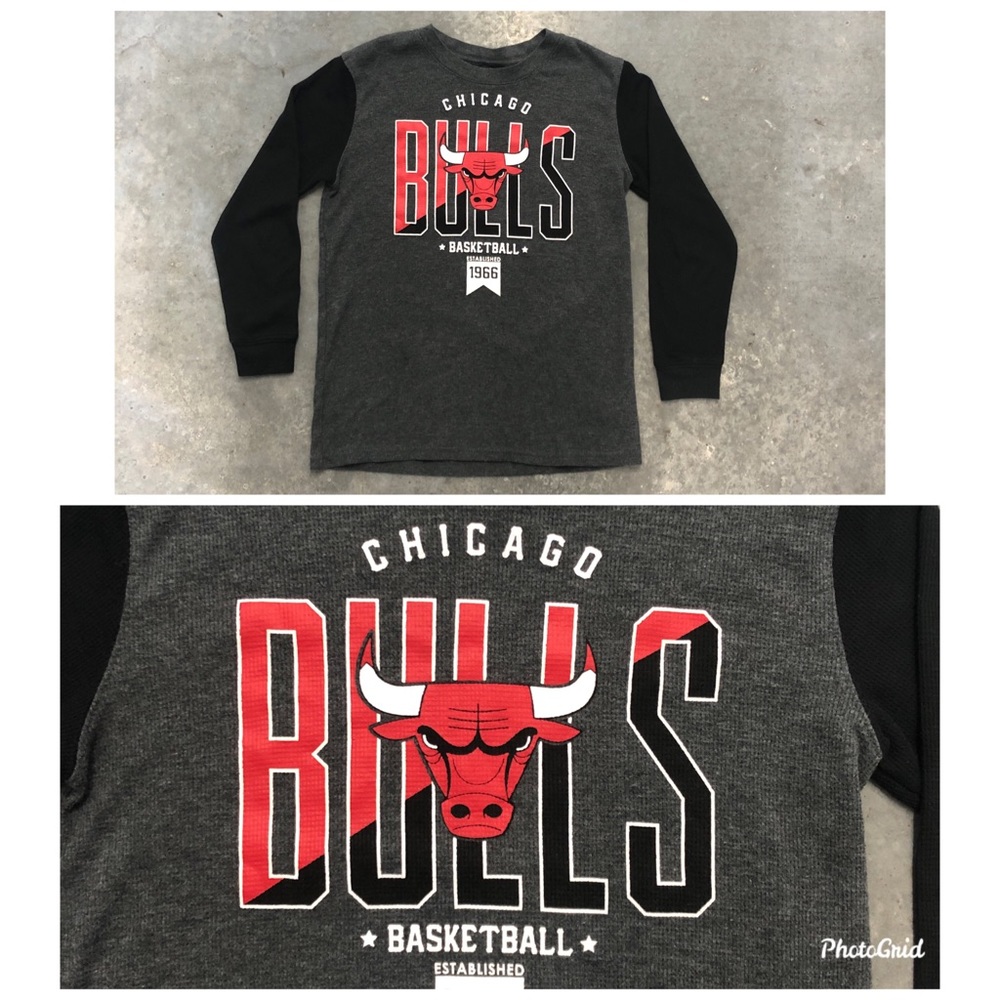 NBA Chicago Bulls Boys Thermal Shirt Large 14/16 Grey Black Long Sleeve - Picture 1 of 5